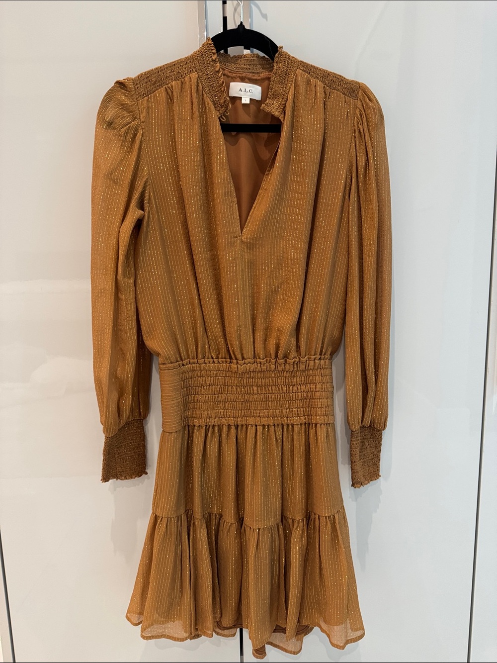 A.L.C. Rust Metallic-Thread Long Sleeve Smocked Waist Tiered Dress